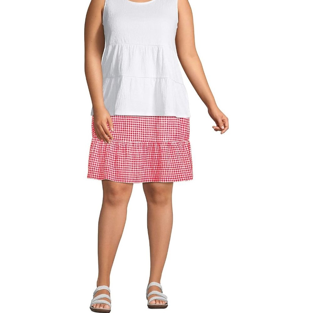 NWT  Lands End Women's Hi Rise Pull On Tiered Skirt Red Check Size S $75 LE11